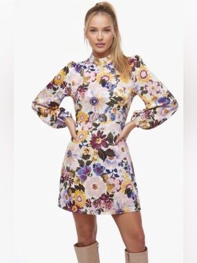 JustFab White Floral Midi Dress with Multi-Colored Blooms